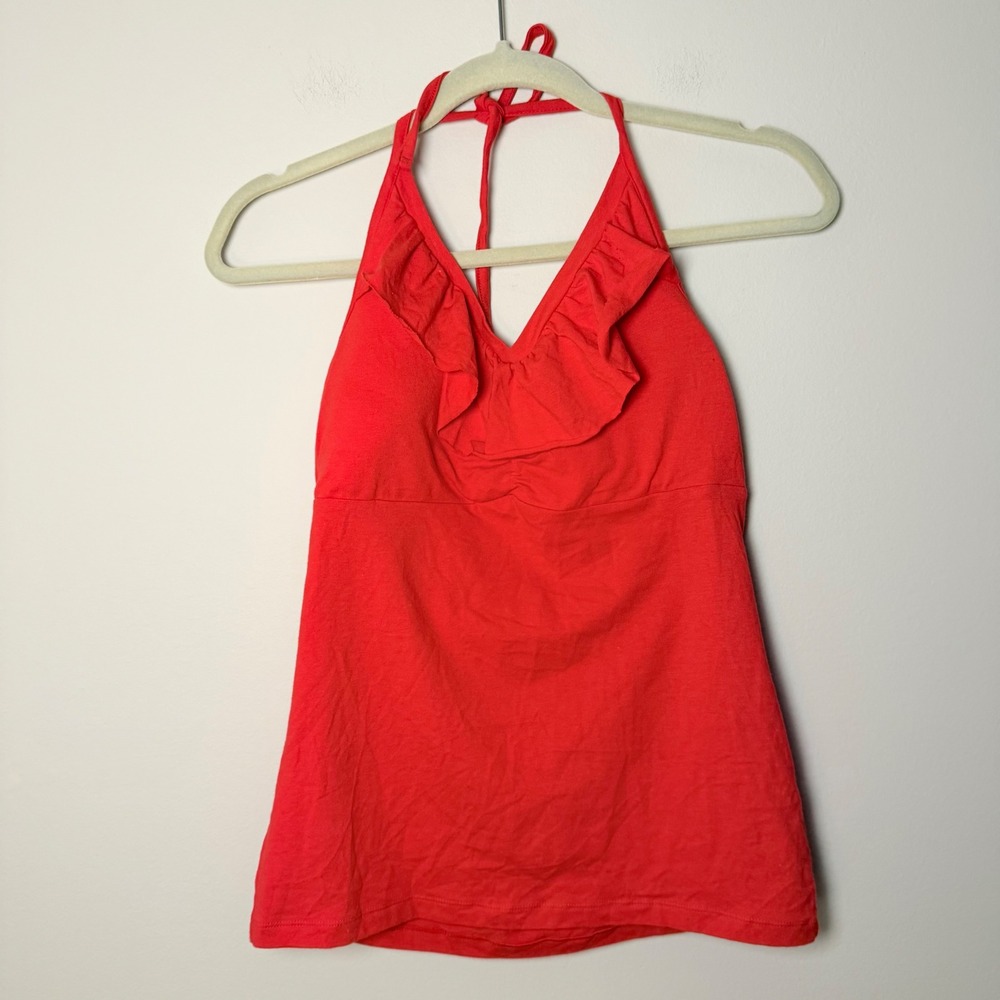 VTG OP Women's Red Halter Top Frill Design Summer Backless Blouse Y2K SZ XS/S